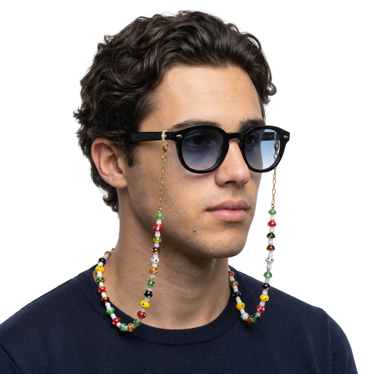 Maison D'Azure Mush Love glasses chain worn on model