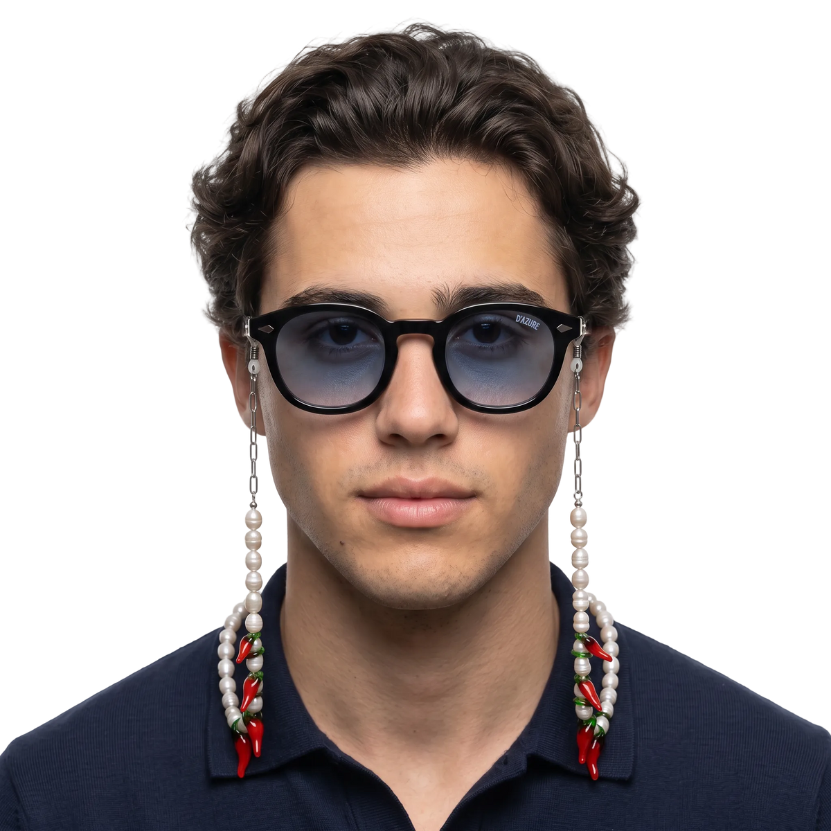 Maison D'Azure Pearl & Chili glasses chain worn on model
